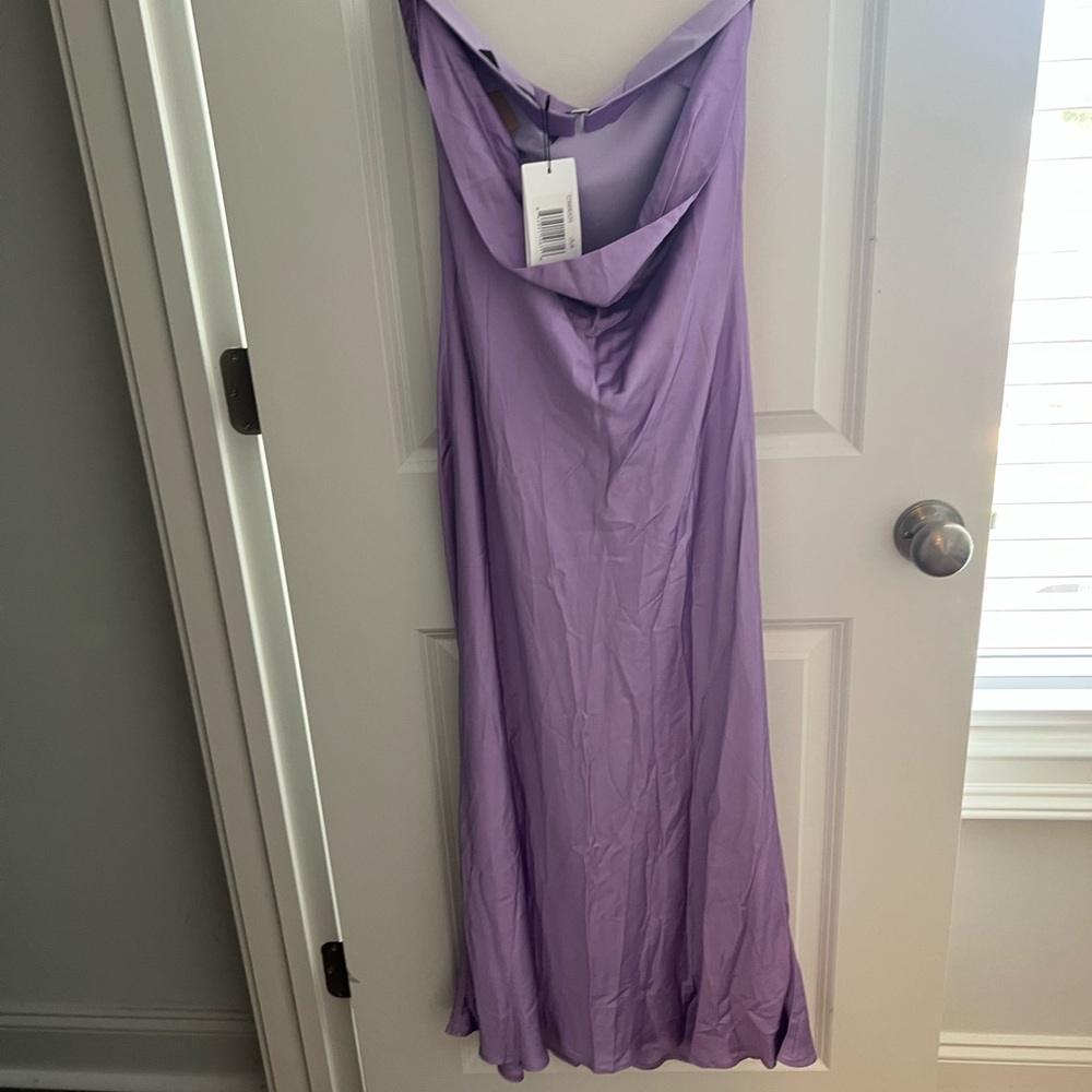 NWT! Few Moda O.P.T light purple strapless satin midi dress - Picture 3 of 6